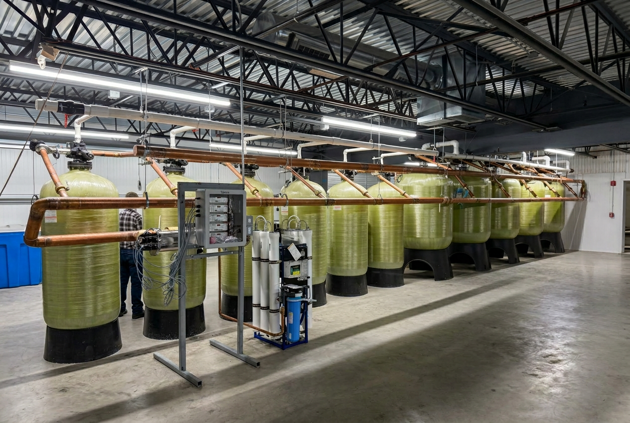 Row of large commercial water softener tanks with copper piping in an industrial facility