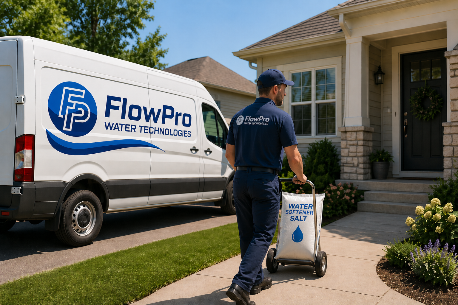 FlowPro service technician delivering bags of water softener salt