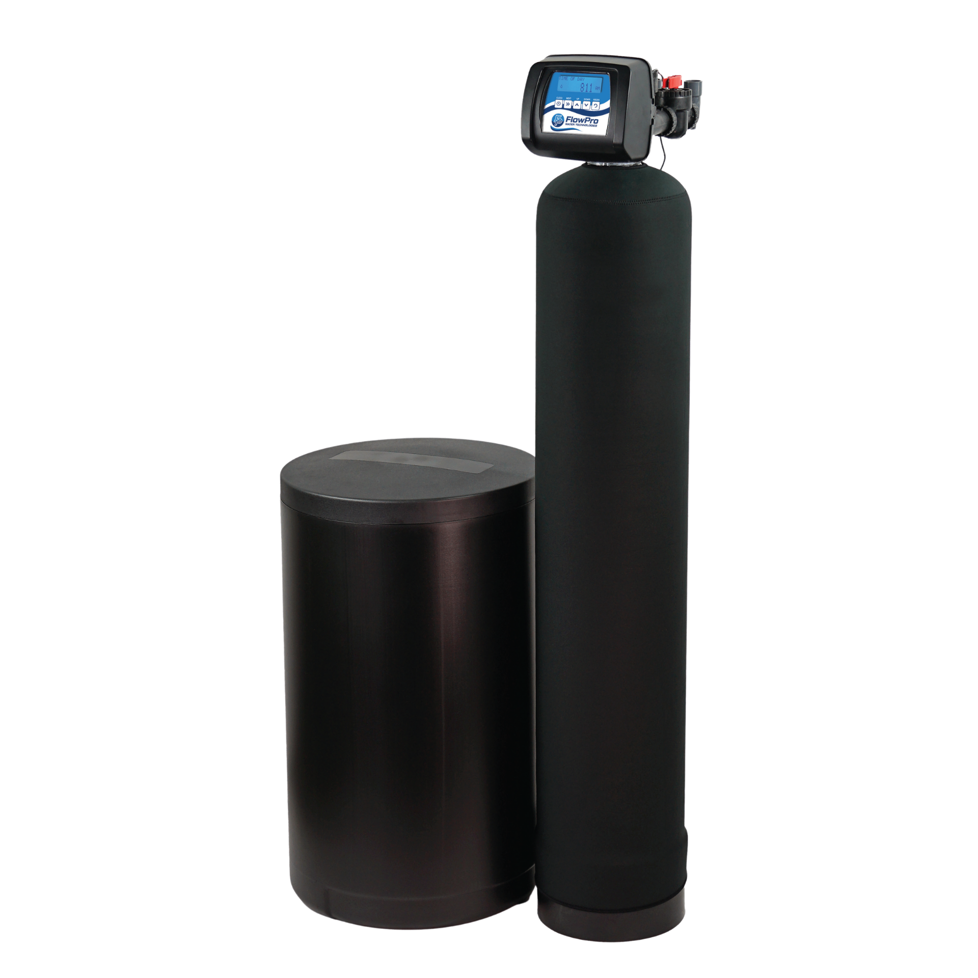 FlowPro residential water softener with twin resin tanks and control valve in a clean utility room