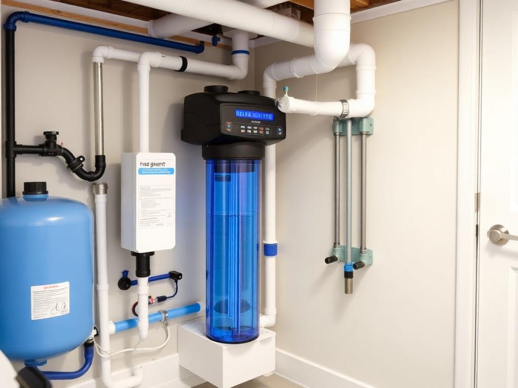 Whole-home water filtration system with UV sterilizer in a utility room